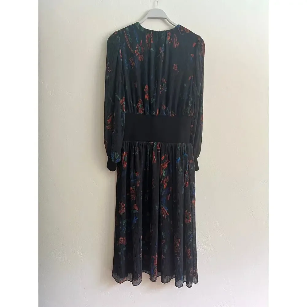 Tory Burch Floral Midi Dress in Ceramic Bouquet Long Sleeve Smocked Waist Size 6